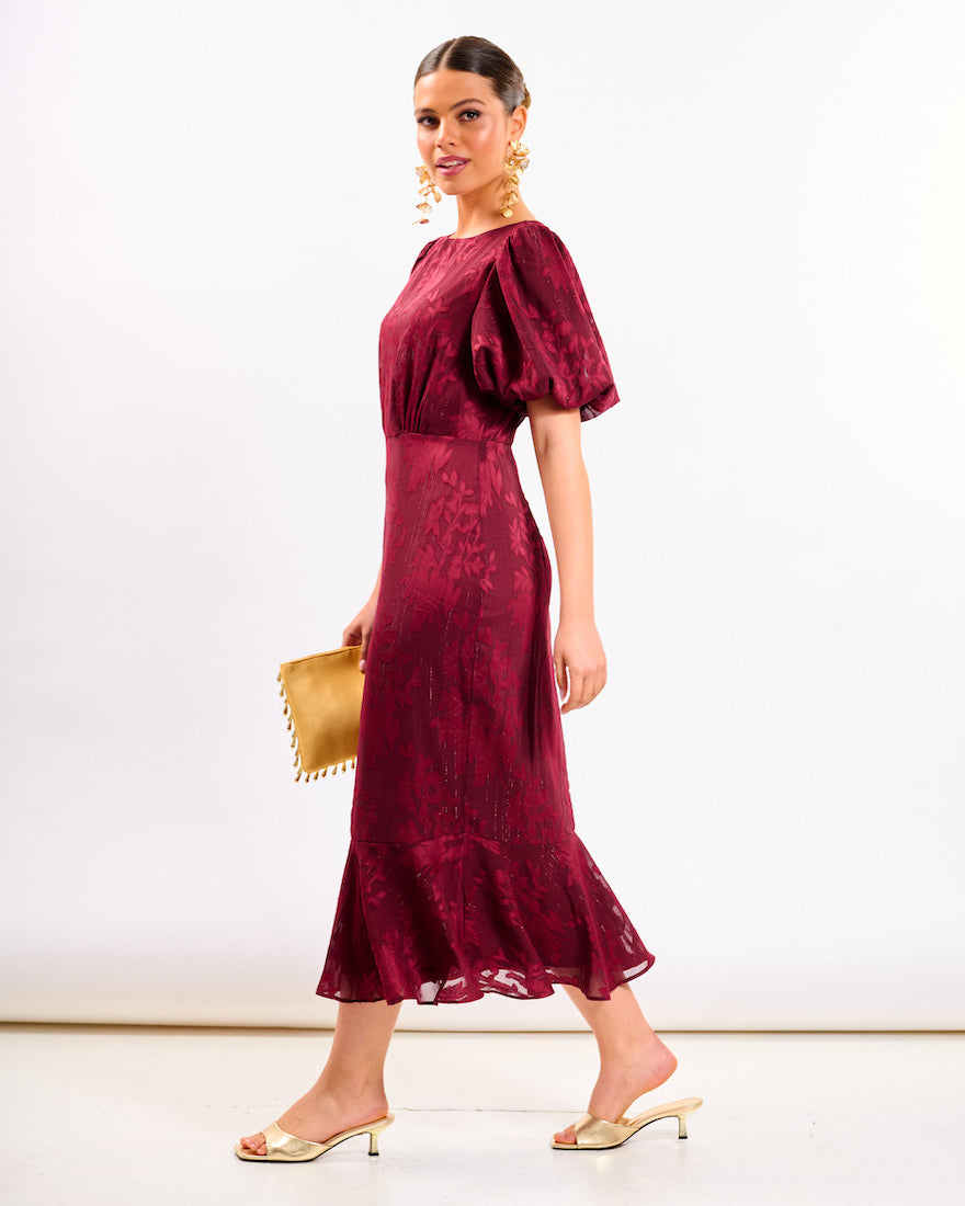 Burgundy Shimmer Puff Sleeve Midi Dress