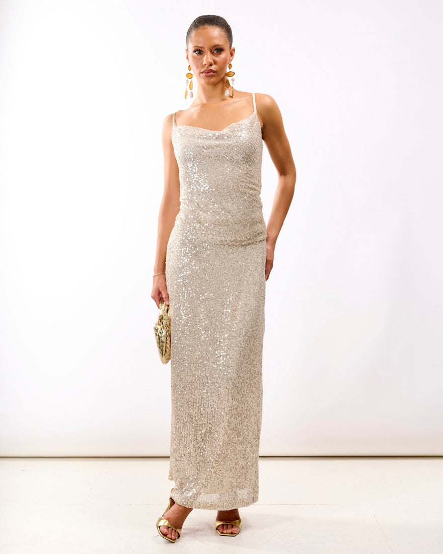 Cream Sequin Cowl Neck Cami Top