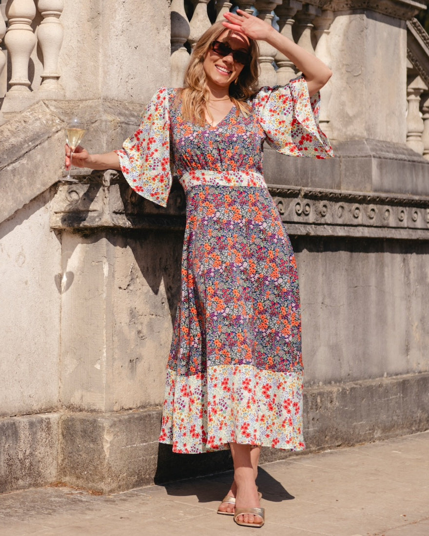 Contrast Floral Angel Sleeve Midi Dress