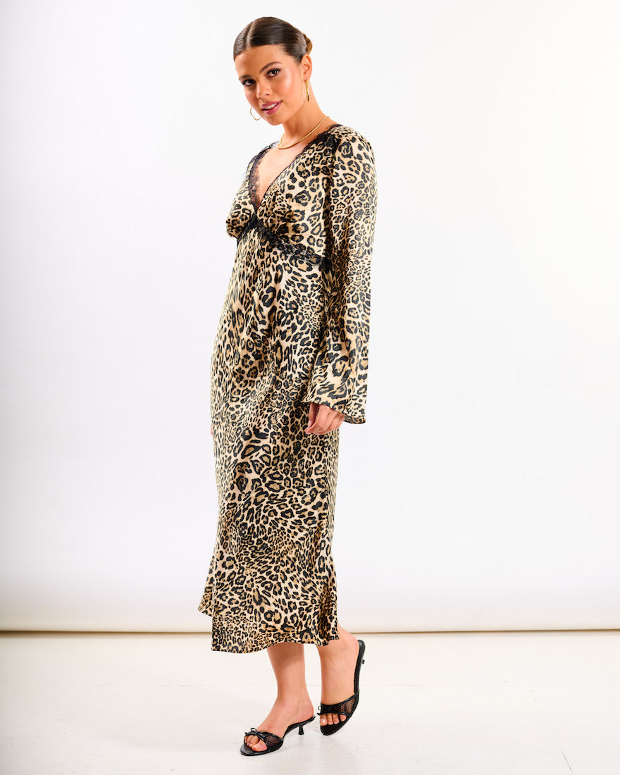 Animal Long Sleeve Lace Midi Dress
