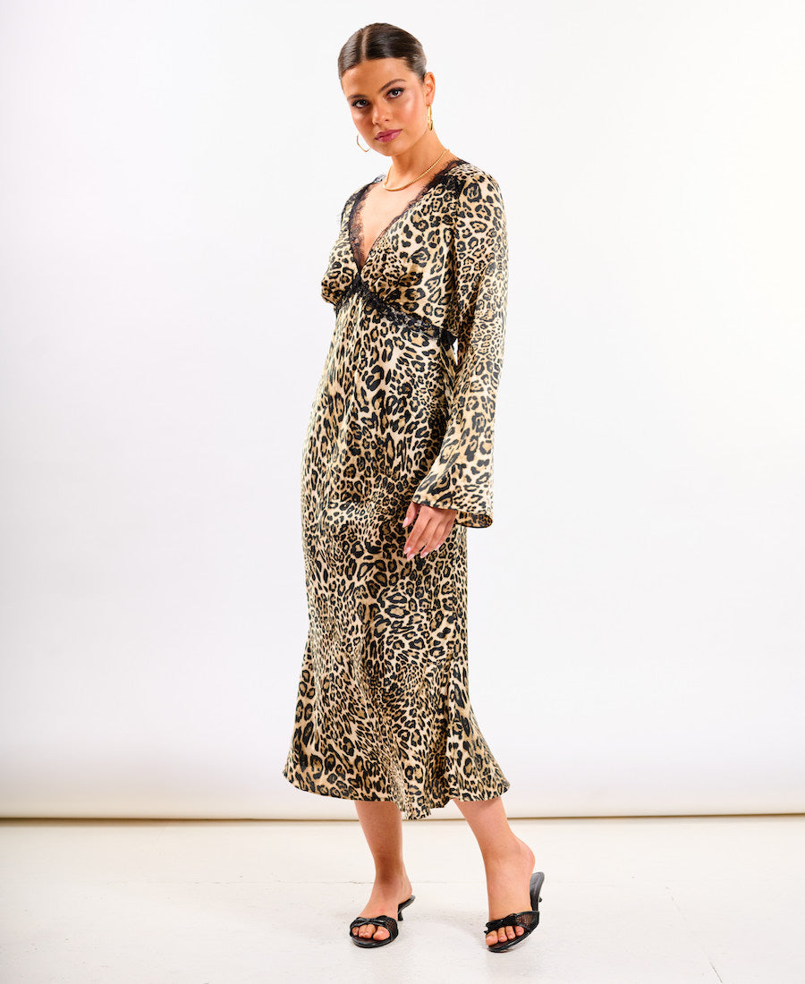 Animal Long Sleeve Lace Midi Dress
