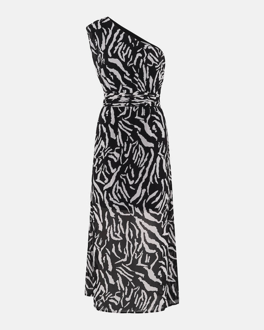 one shoulder midi dress black white pattern