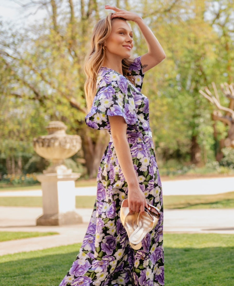 Purple Floral Wrap Midi Dress