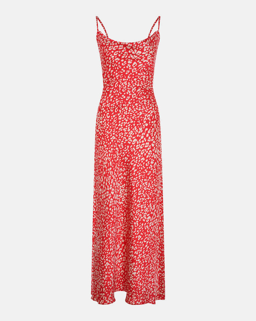 red animal cowl neck slip dress