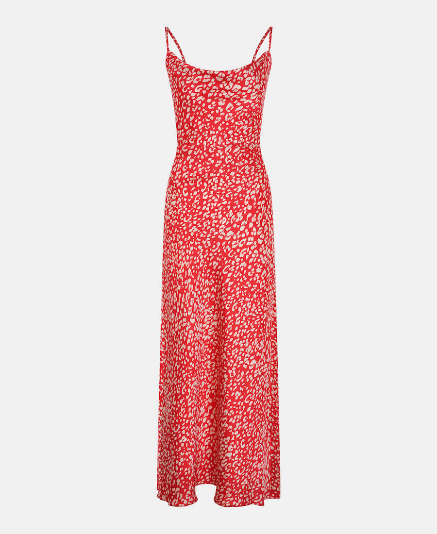 red animal cowl neck slip dress