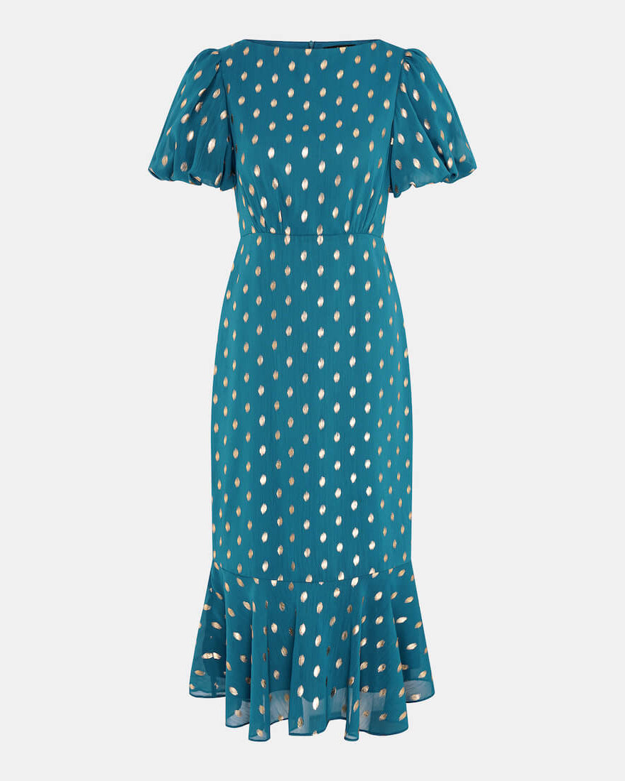 teal chiffon foil puff sleeve midi dress