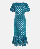 teal chiffon foil puff sleeve midi dress