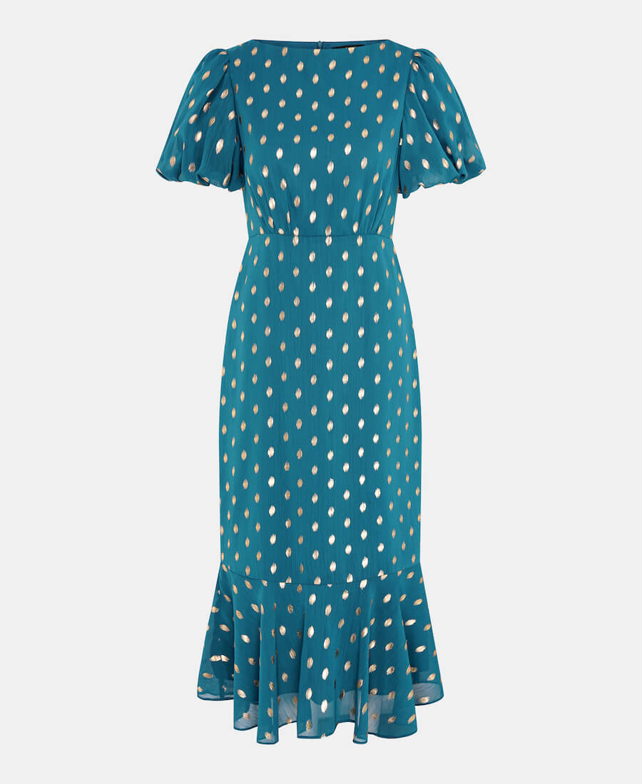 teal chiffon foil puff sleeve midi dress