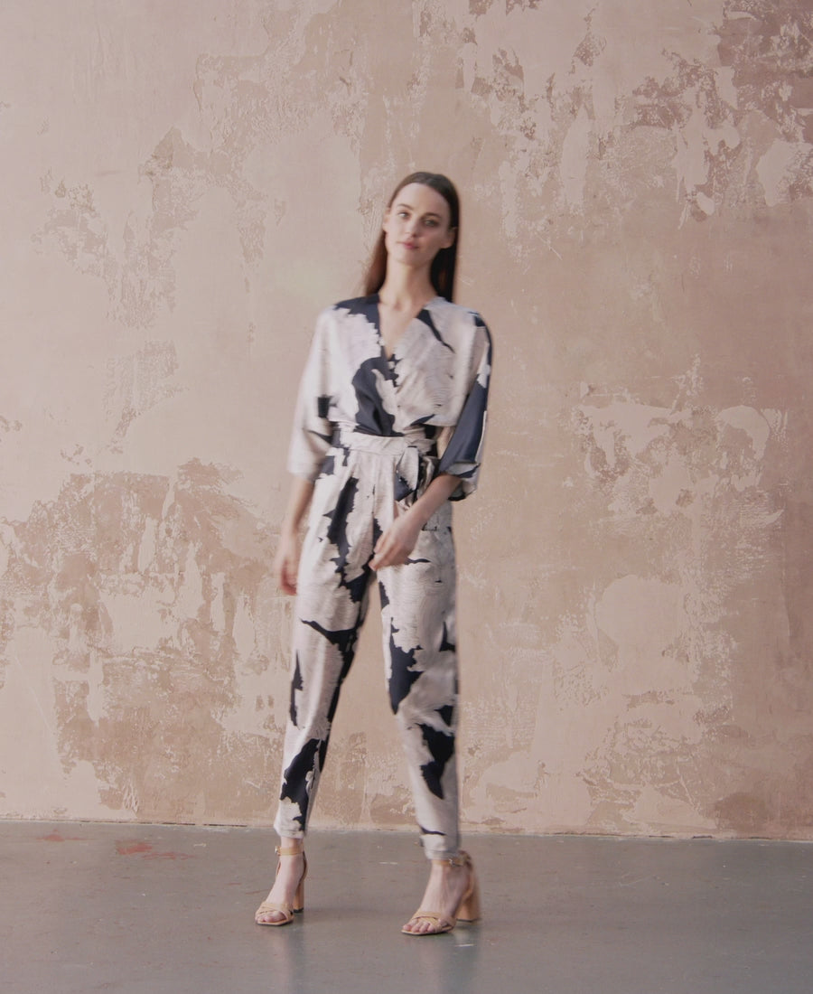 Catwalk navy leaf kimono sleeve jumpsuit