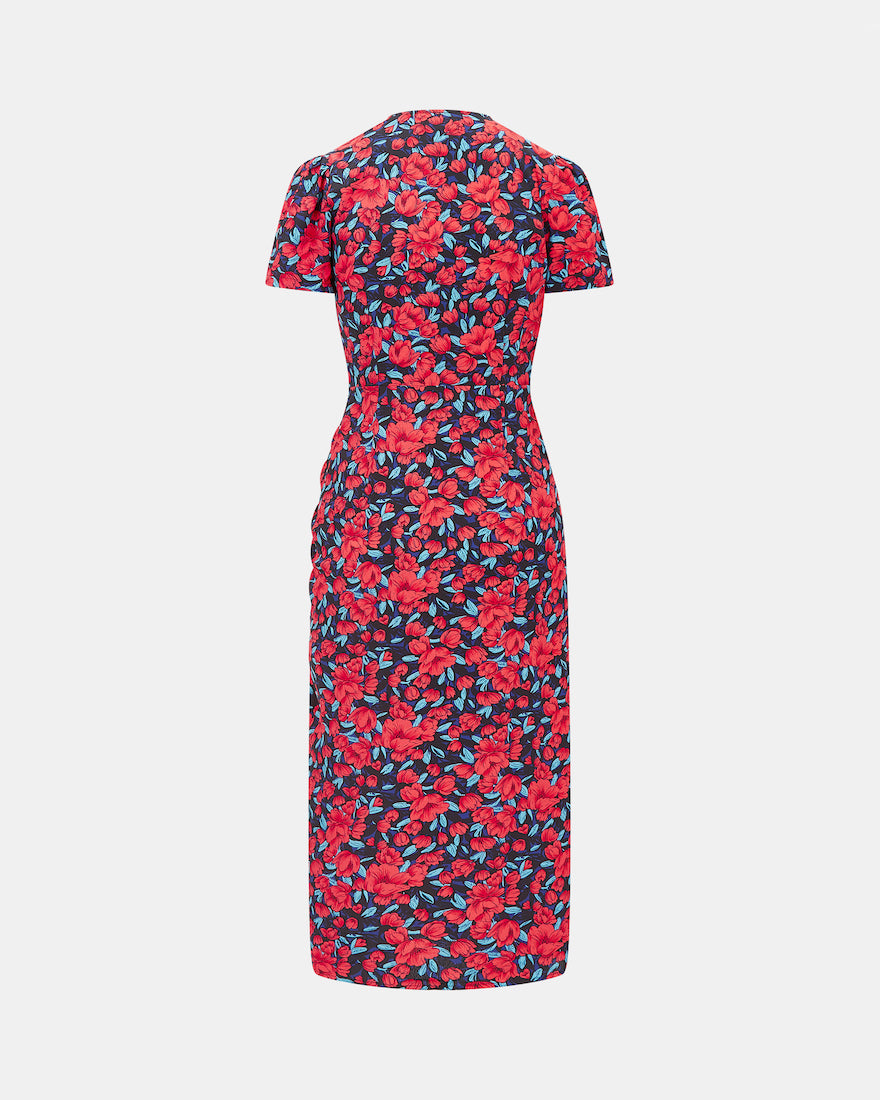 Back Red Floral Wrap Midi Dress