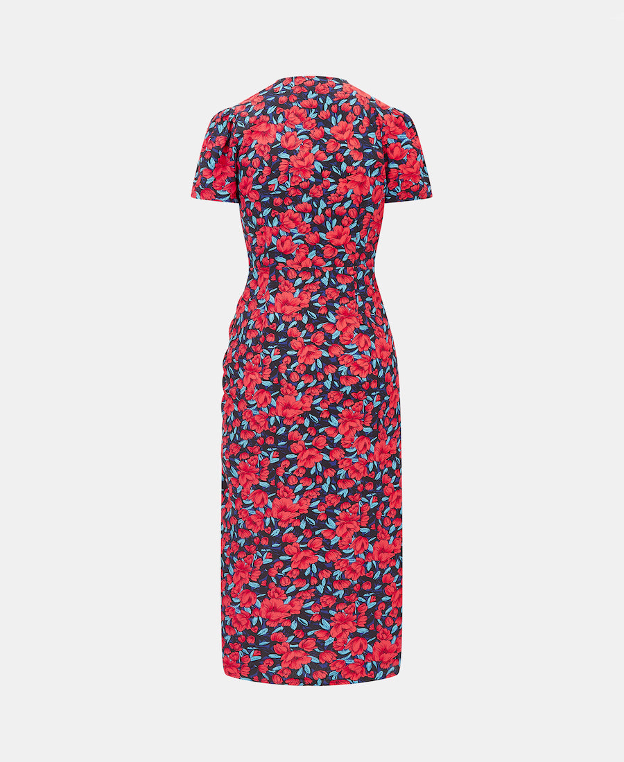 Back Red Floral Wrap Midi Dress