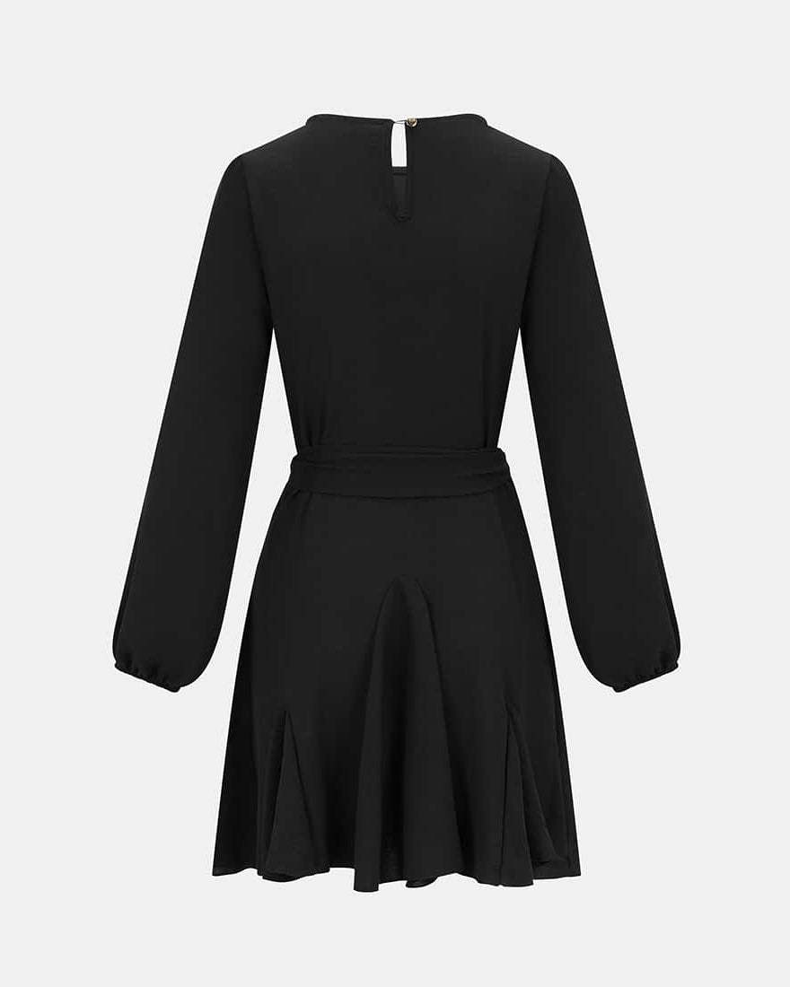 Black Crepe Belted Fit and Flare Dress back
