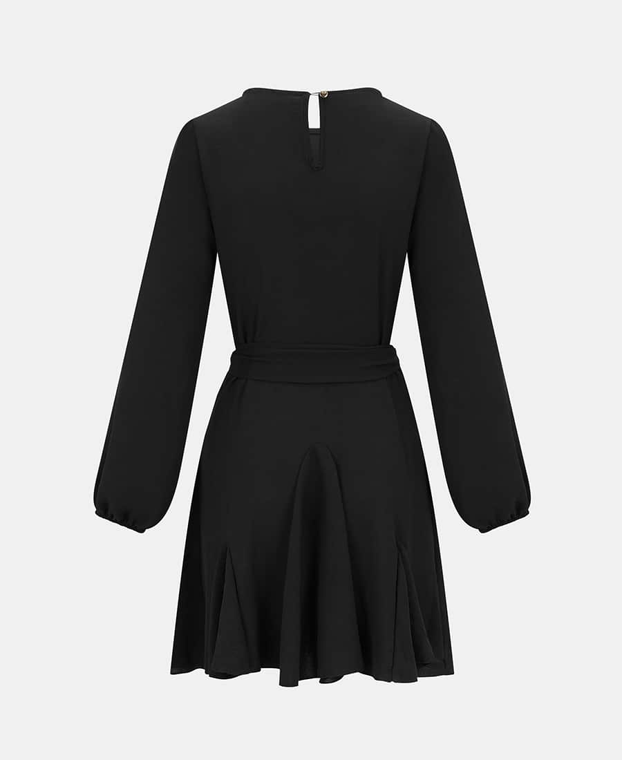 Black Crepe Belted Fit and Flare Dress back