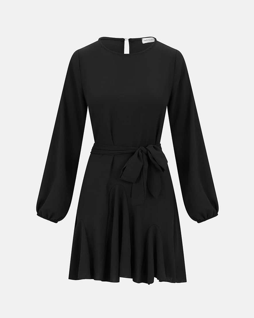 Black Crepe Belted Fit and Flare Dress front