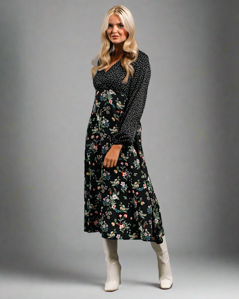 Black Floral Long Sleeve Midi Dress mix match pattern
