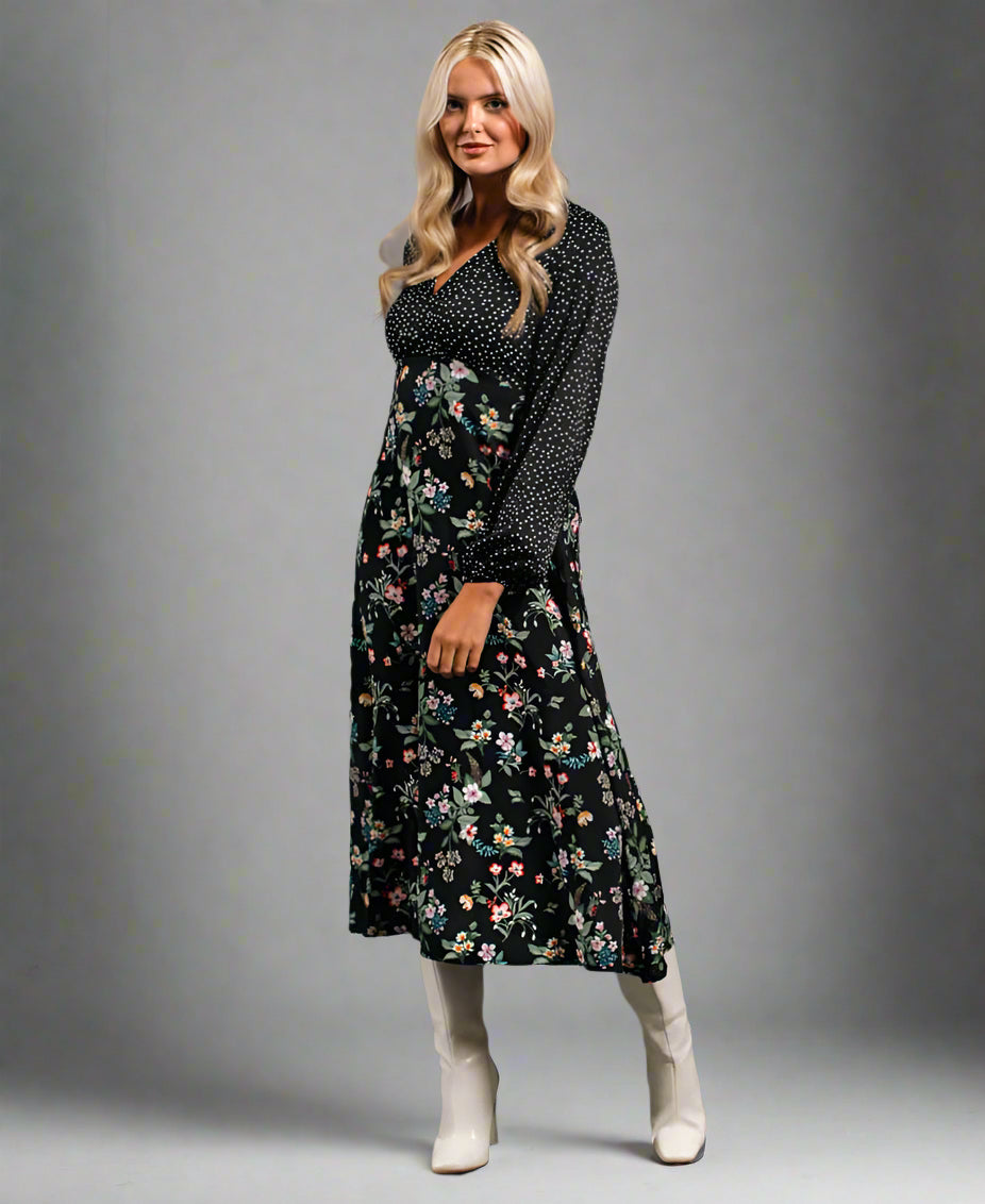 Black Floral Long Sleeve Midi Dress mix match pattern
