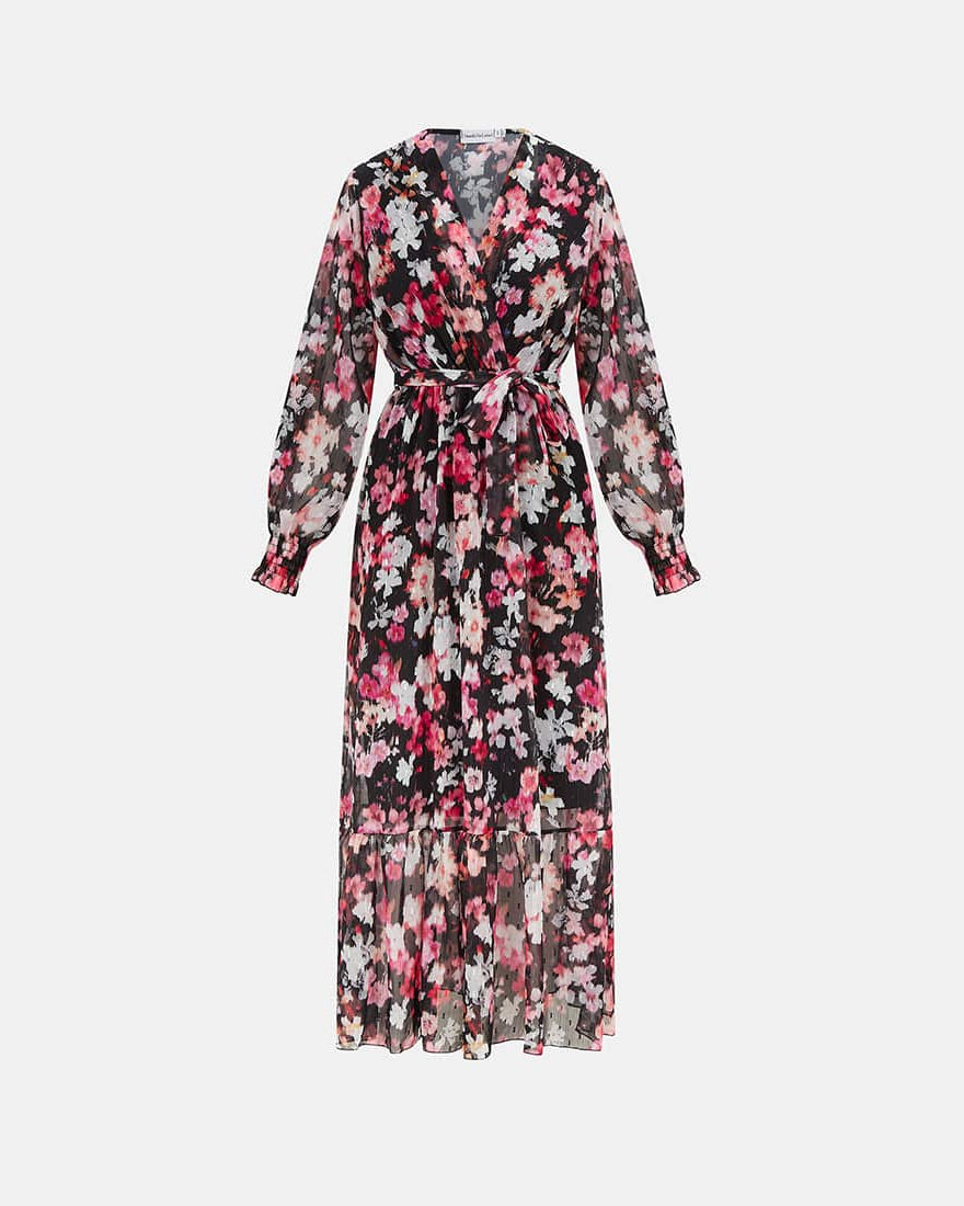 Black pink Floral Chiffon Maxi Dress