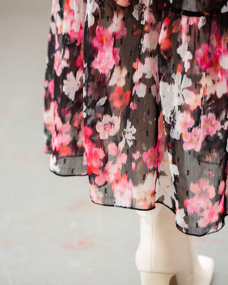 Black pink Floral Chiffon Maxi Dress long sleeve