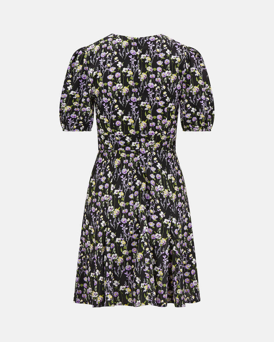GODET PUFF SLEEVE MINI DRESS BLACK PURPLE FLORAL Back