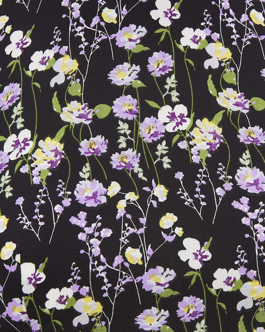 GODET PUFF SLEEVE MINI DRESS BLACK PURPLE FLORAL Detail