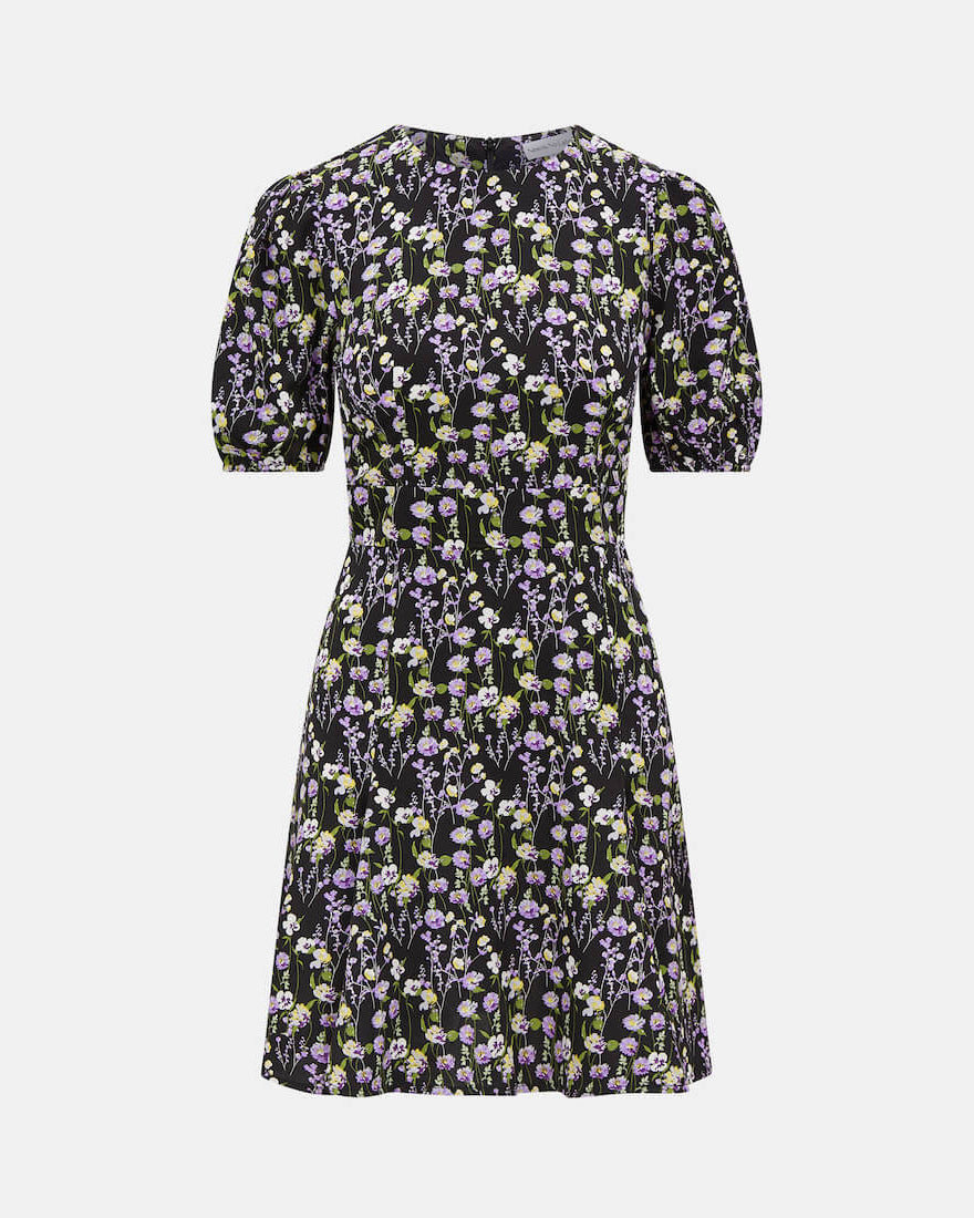 GODET PUFF SLEEVE MINI DRESS BLACK PURPLE FLORAL Front