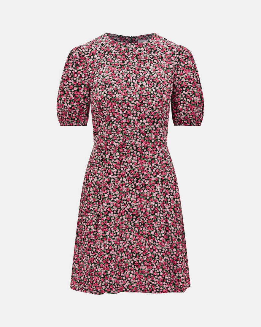 GODET PUFF SLEEVE MINI DRESS ROSE PRINT Front