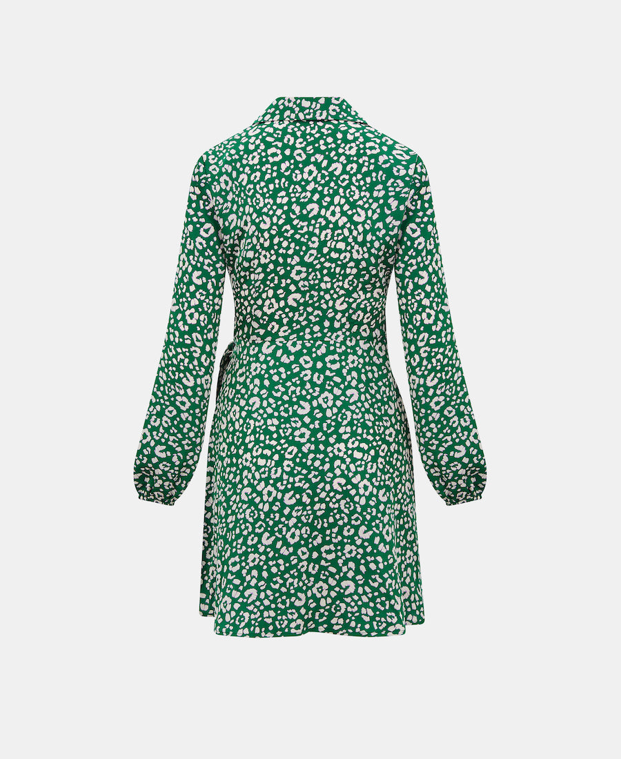 Green Animal Print Satin Shirt Dress back