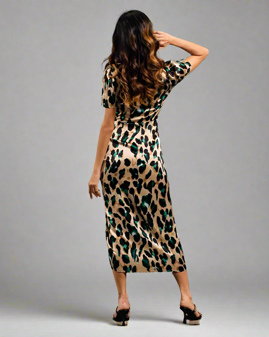 Green Animal Satin Wrap Midi Dress back