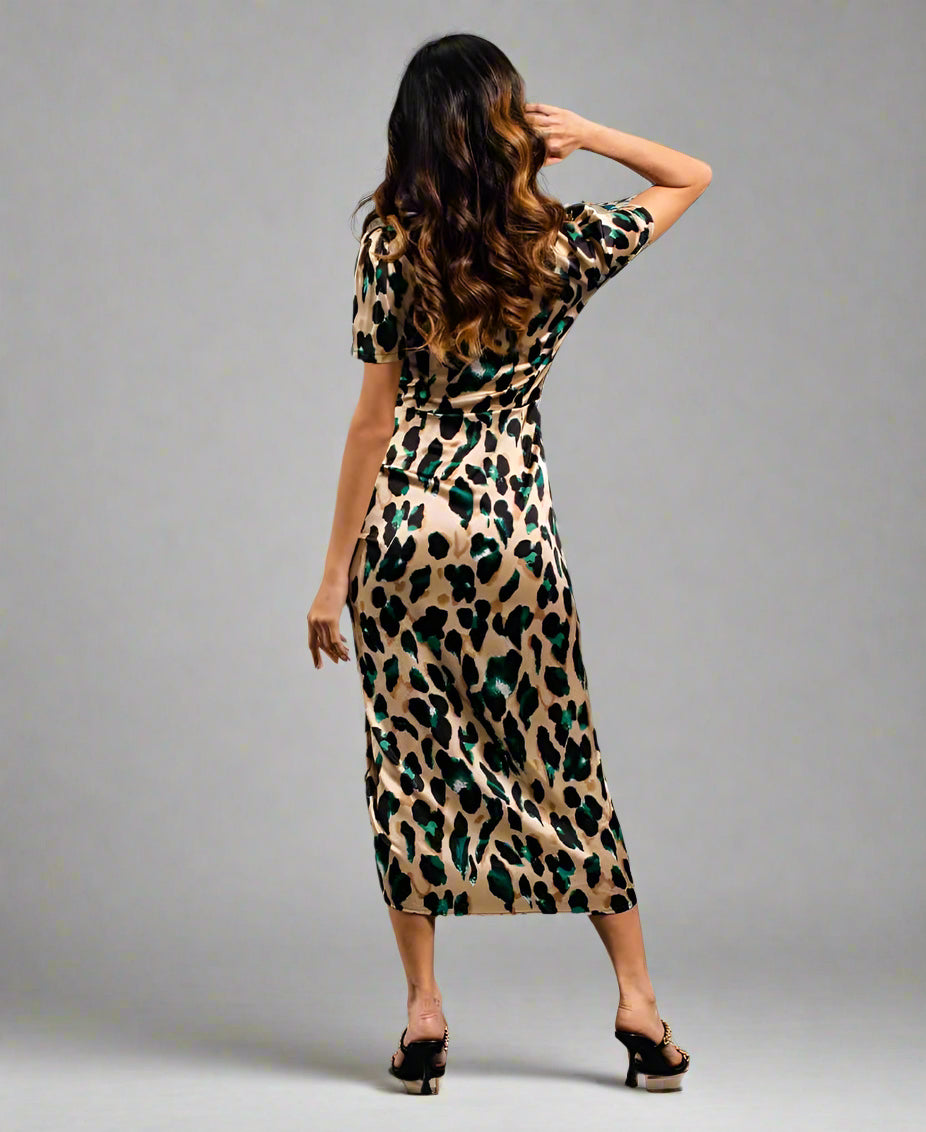 Green Animal Satin Wrap Midi Dress back