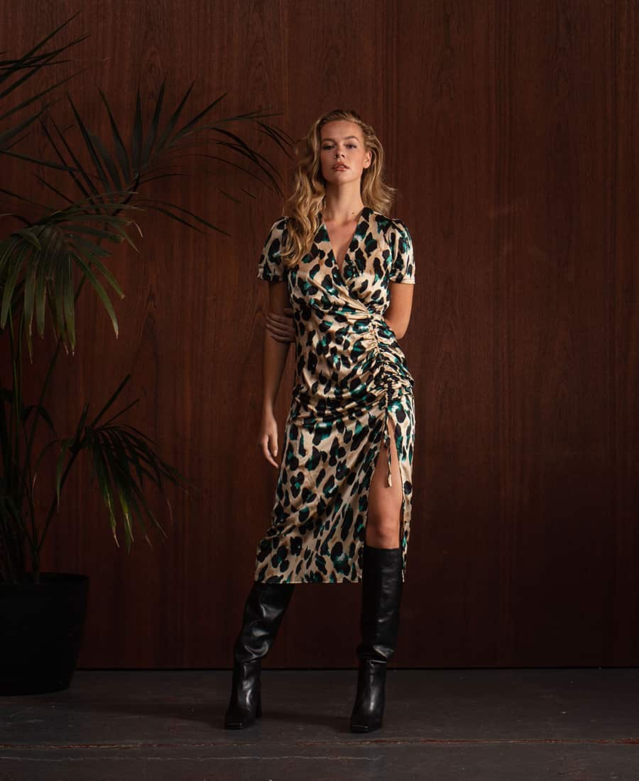 Green Animal Satin Wrap Midi Dress leg split