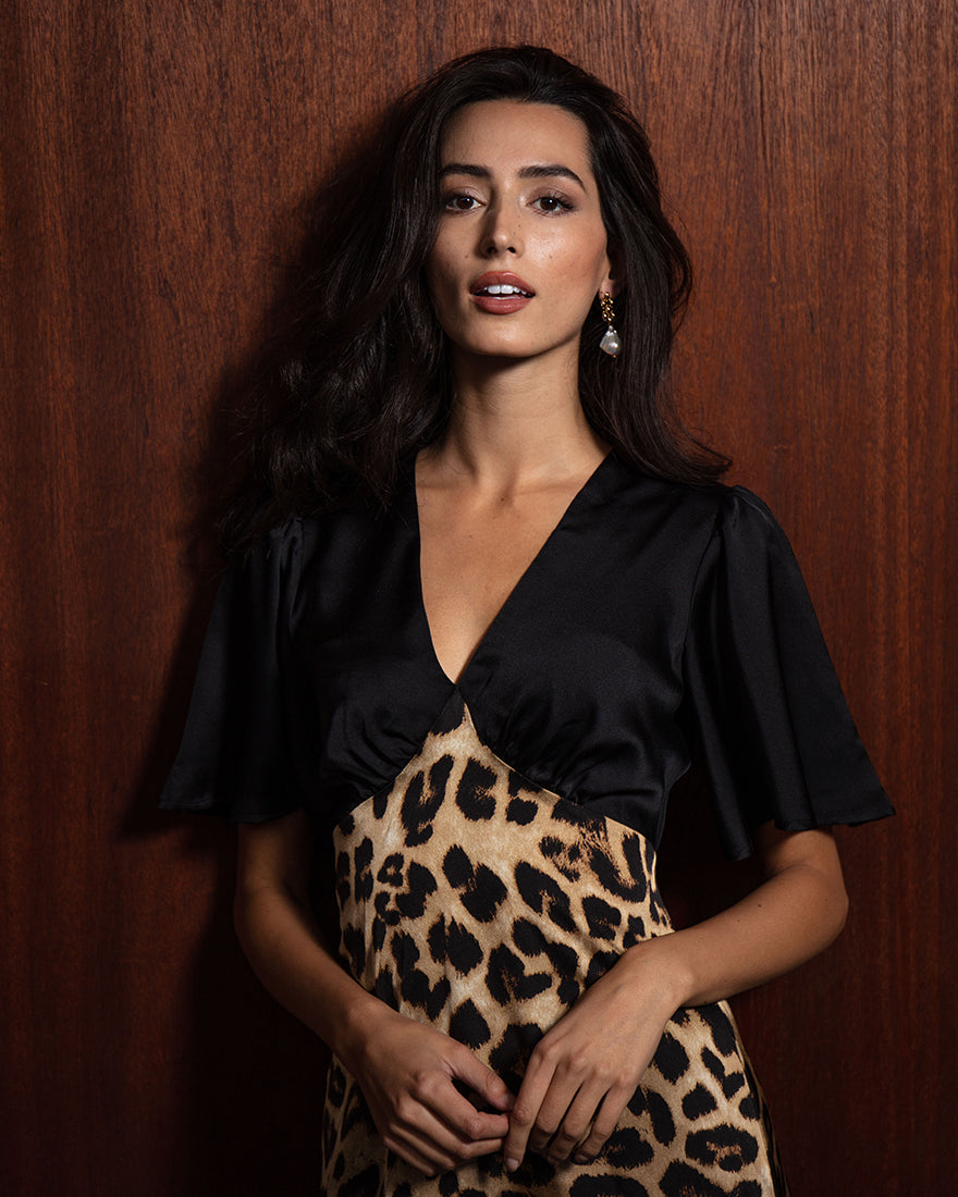 Animal Print midi dress with black sleeves