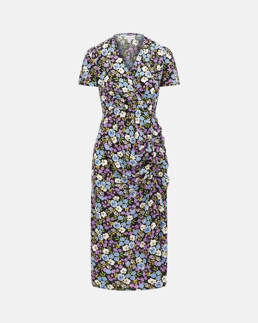 Purple floral wrap midi dress