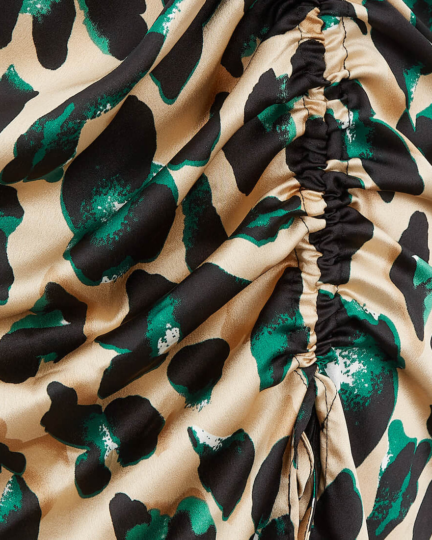 ROUCHE SIDE WRAP MIDI DRESS NUDE GREEN ANIMAL Detail