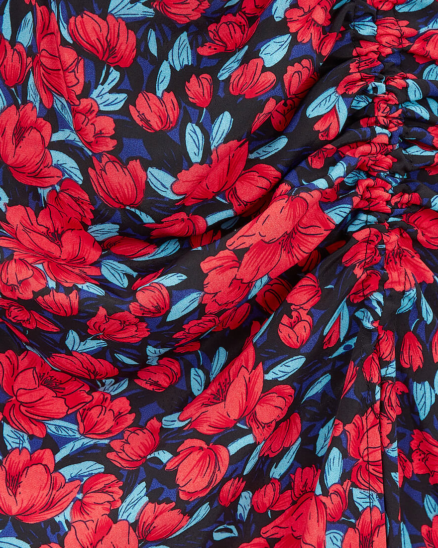 ROUCHE SIDE WRAP MIDI DRESS RED BLUE FLORAL Detail
