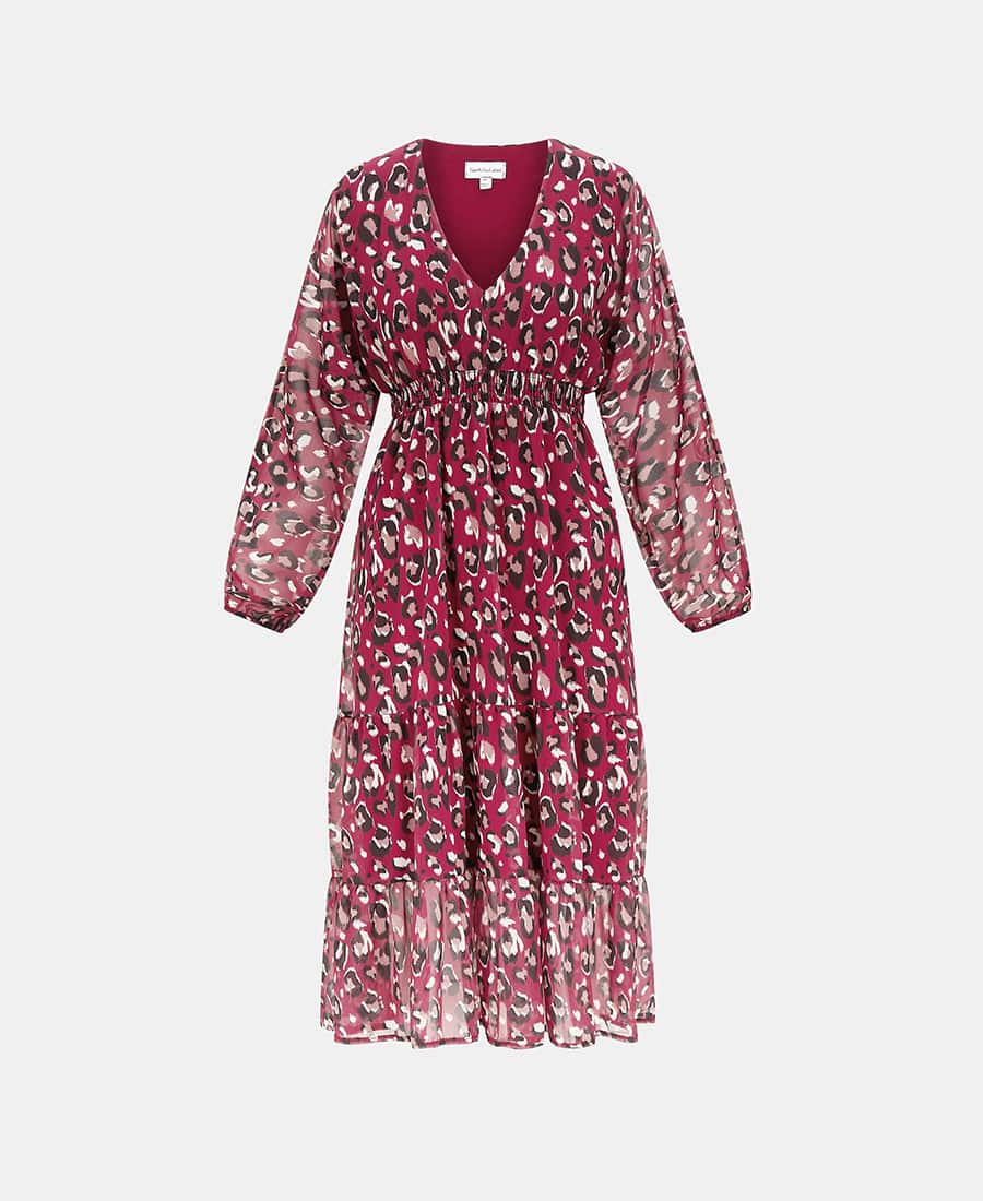 Red Animal Chiffon Midi Dress