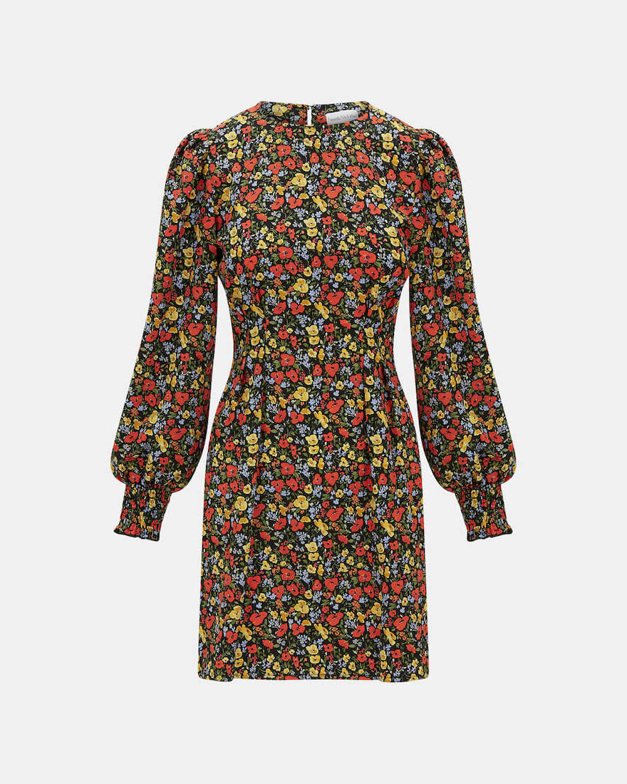 Red Floral Corset Detail Mini Dress long sleeve front