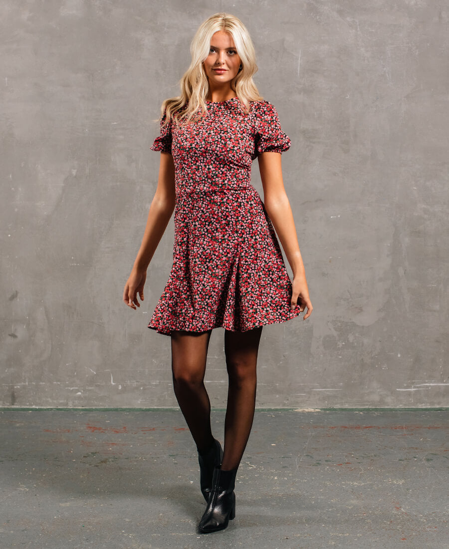 PUFF SLEEVE MINI DRESS 25S RED IN LINEN 266363