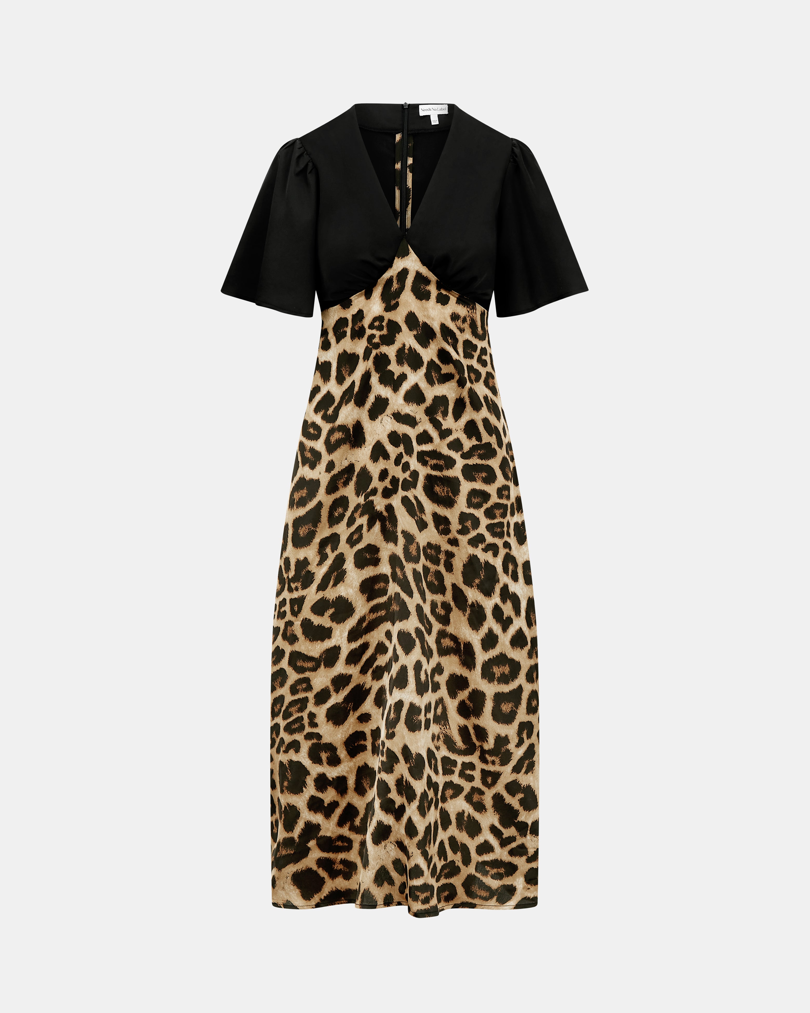 SATIN V-NECK EMPIRE MIDI BLACK ANIMAL