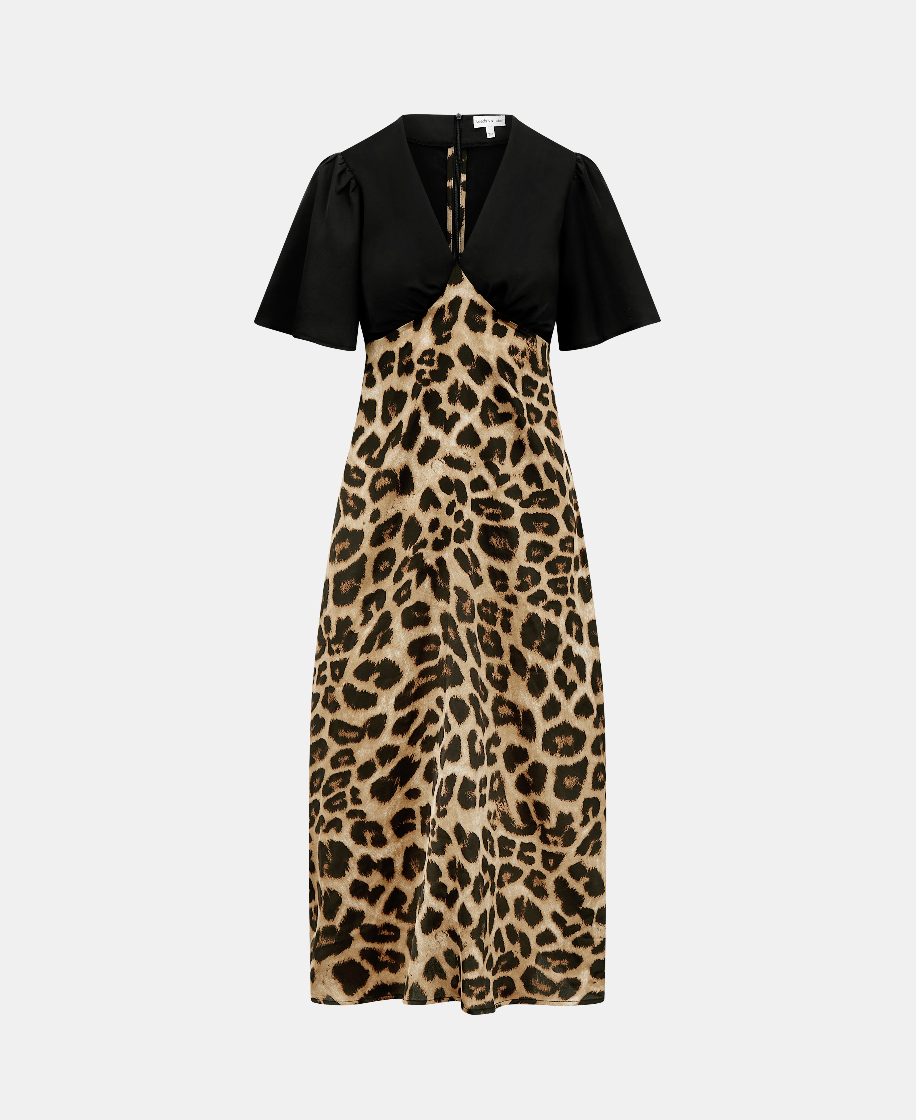 SATIN V-NECK EMPIRE MIDI BLACK ANIMAL