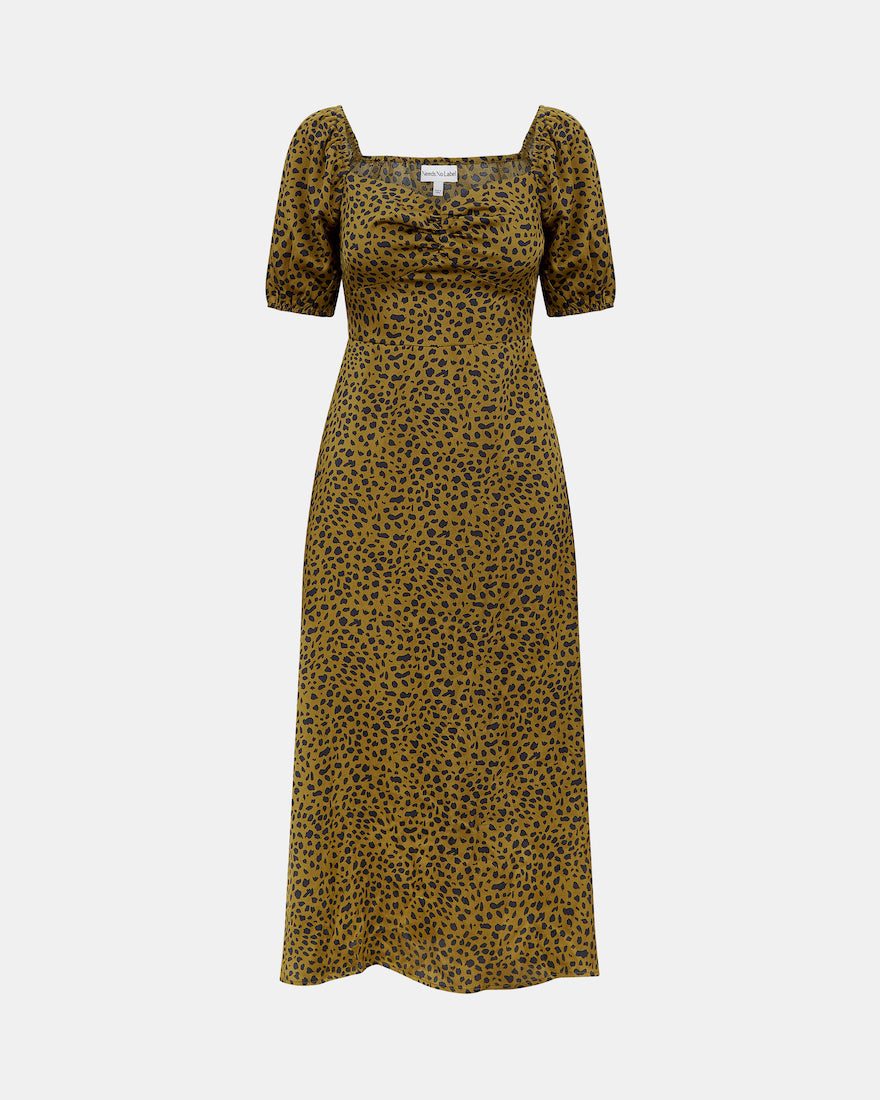 SWEETHEART NECK MIDI DRESS SATIN ANIMAL FRONT