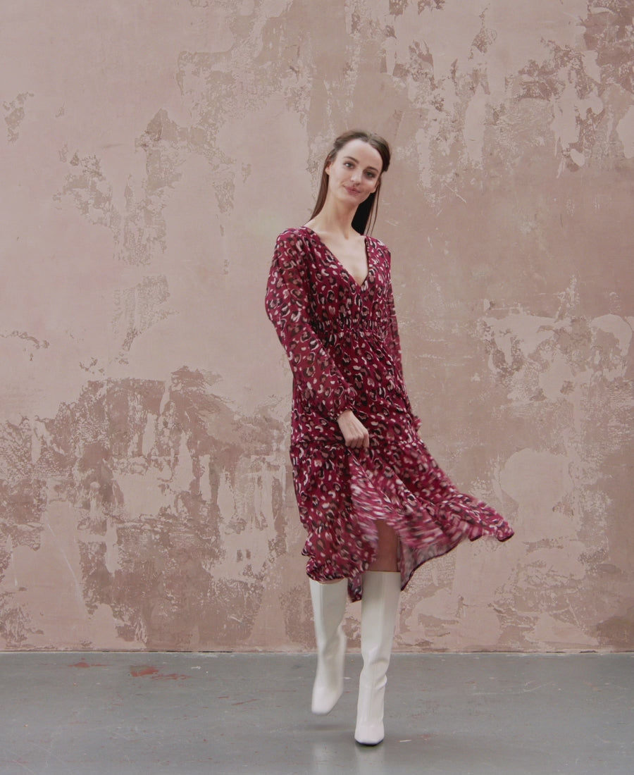 catwalk video red animal chiffon midi dress