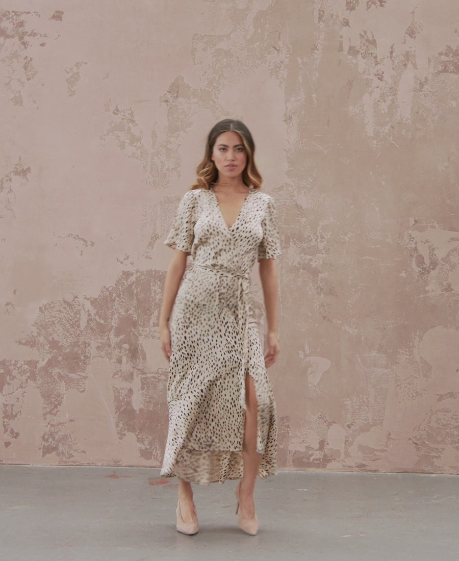 Cream spotty midi dress with split and tie