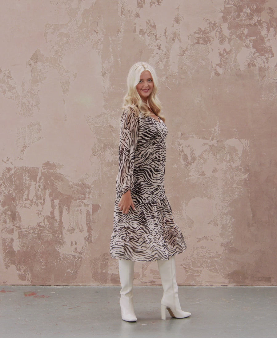 catwalk video mono animal tiered chiffon midi dress