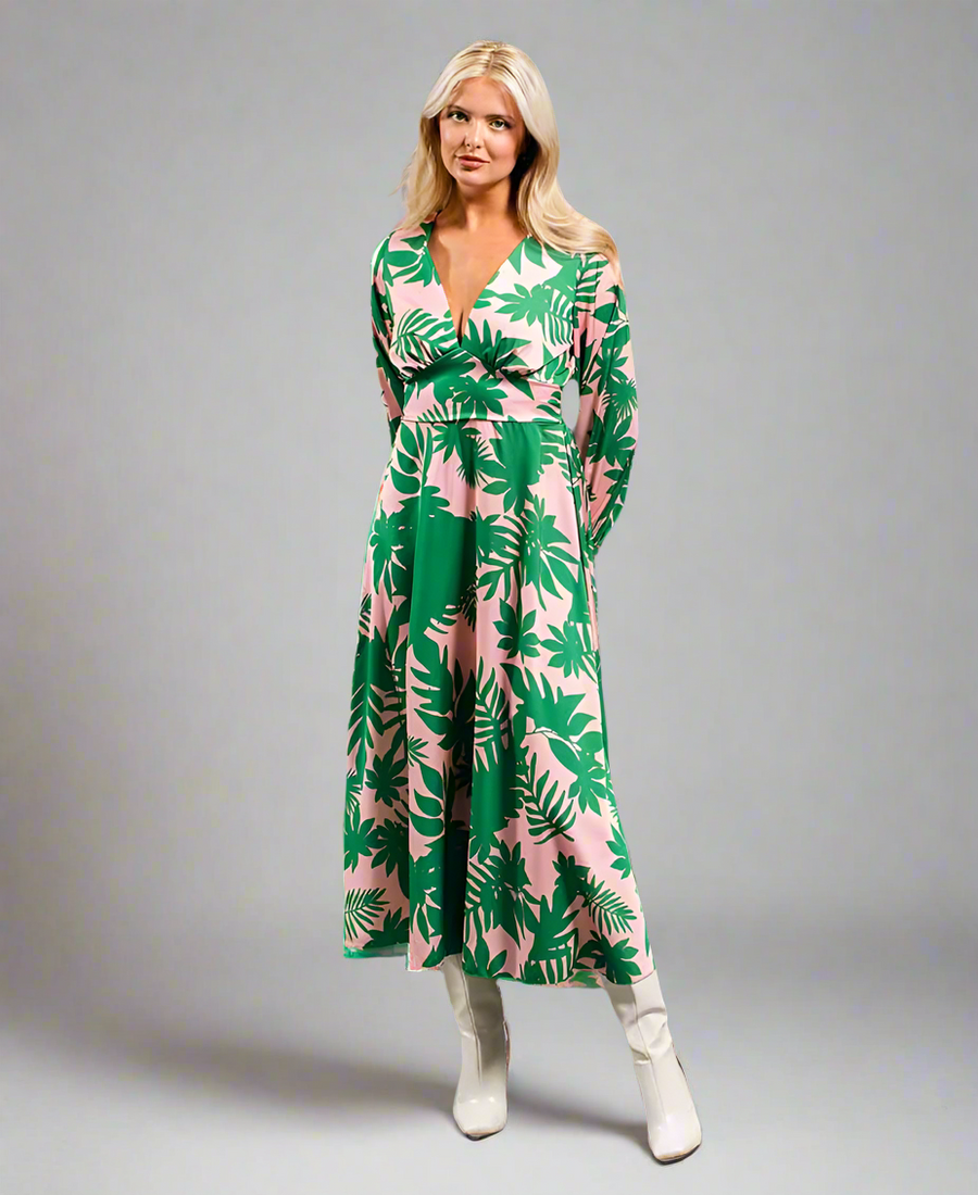 Pink Palm Print Satin Maxi Dress