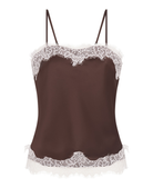 Brown satin lace trim cami top - flat lay