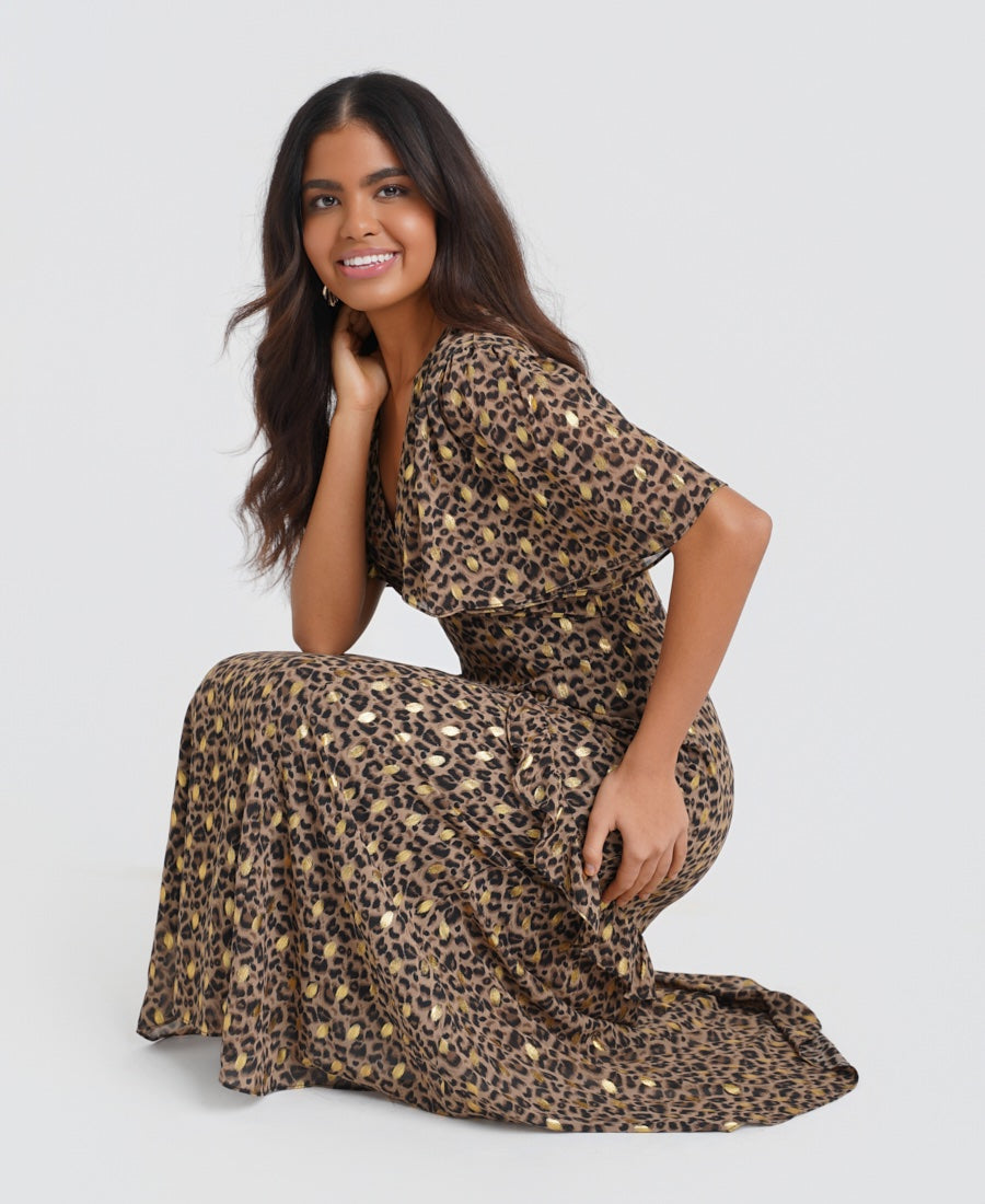 Ruffle Animal  gold Foil short sleeve Midi Dress
