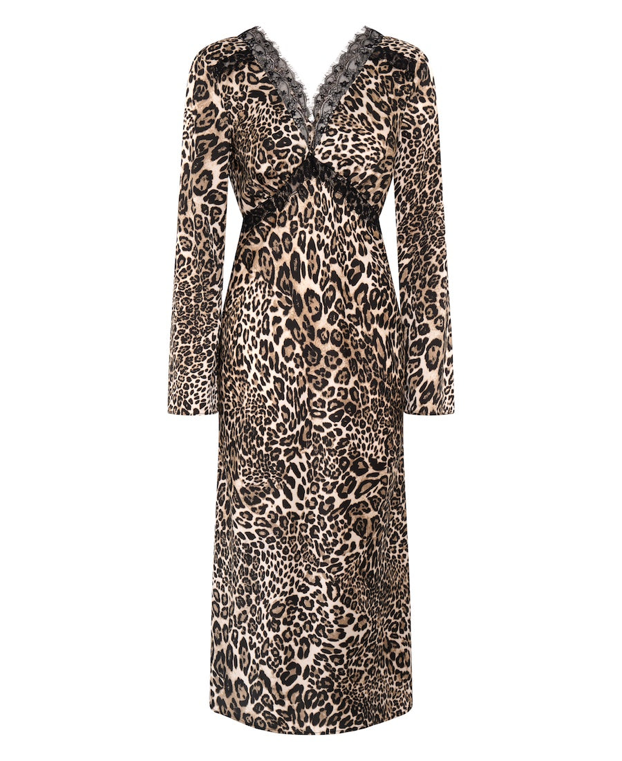 Animal Printed Long Sleeve Lace Midi Dress