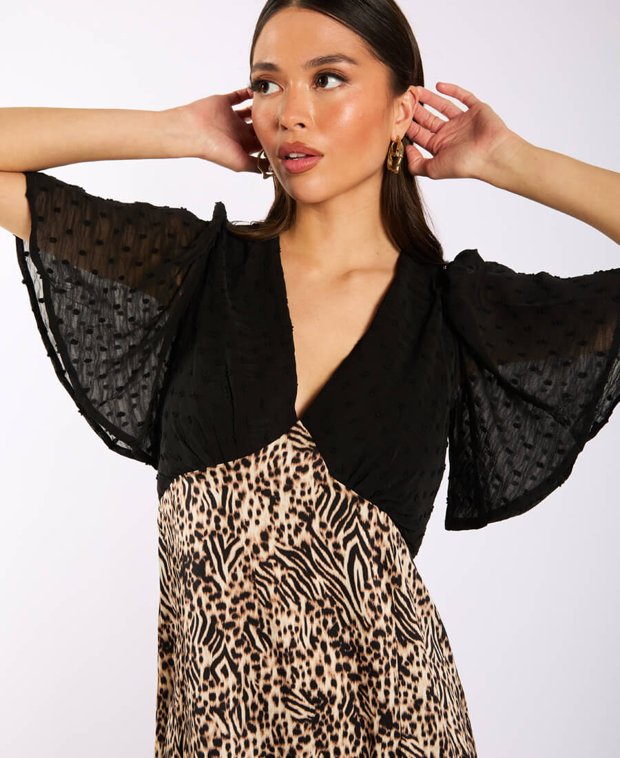 Animal Satin Mix Flutter Sleeve Midi Dress Details