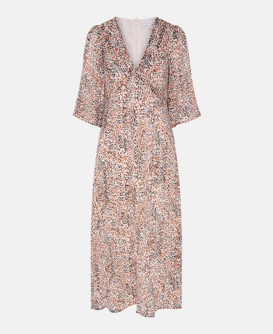 Animal print cream foil gold midi dress