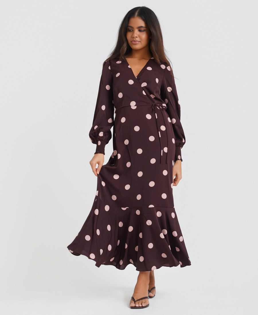 Spot Wrap Long Sleeve Midaxi Dress
